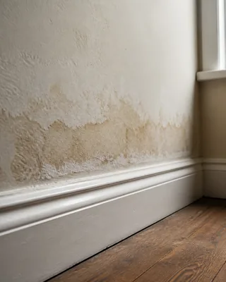 Rising damp tide marks and salt staining above skirting